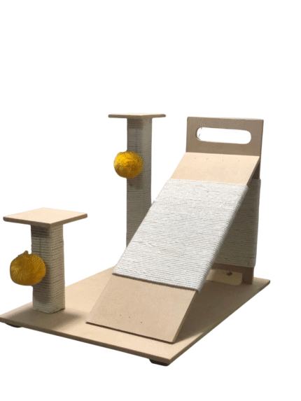 A multi-level cat tree with a scratching ramp and platform