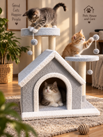 Multi-Level Cat Tree & House – Cat Scratching Post with Resting Platforms & Hanging Toys | 40 × 60 × 70 cm