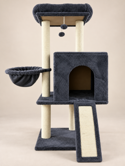 Luxury Multi-Level Cat Tree with Cozy Condo, Hammock & Sisal Scratching Ramp – Charcoal Gray